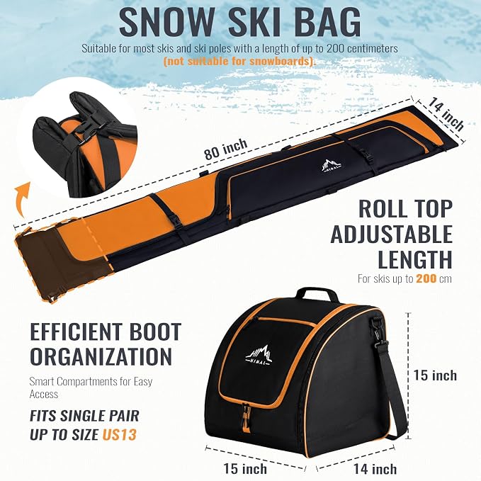 GoHimal Ski Bag & Boot Bag Combo, Padded Ski Carrier | Fits Skis Up to 200CM, Fits Boots Up to US13, Safety Reinforced, Water-Resistant, Ski Travel Bag - Image 2