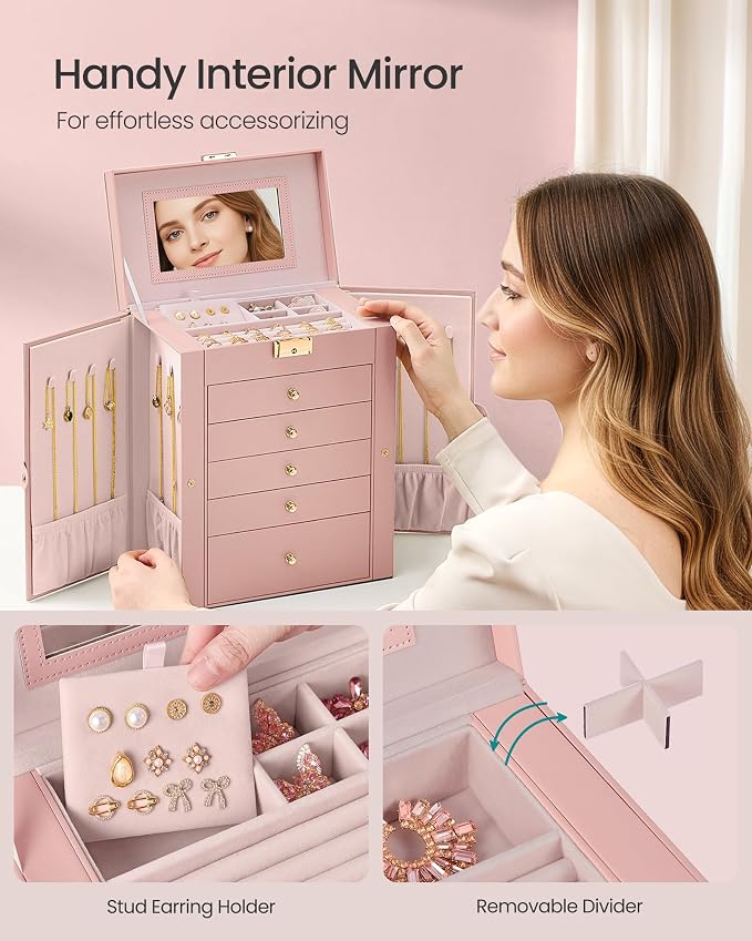 SONGMICS Jewelry Box Organizer, 6-Layer with 5 Drawers, Jelly Pink | Jewelry Storage Case with Lock and Mirror, Large Storage Capacity, for Necklaces, Watches, Gift for Loved Ones UJBC152SA02S - Image 5