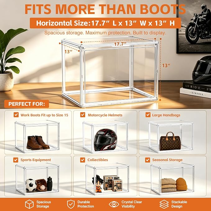 5 Pack XXX-Large Extra Large Acrylic Display Case 17.3'' x 13'' x 13'', Transparent Sneaker Boxes Clear Plastic Stackable Boot & Shoe Boxes Large Showcase for Helmet, Handbag, Figures Collectibles - Image 8