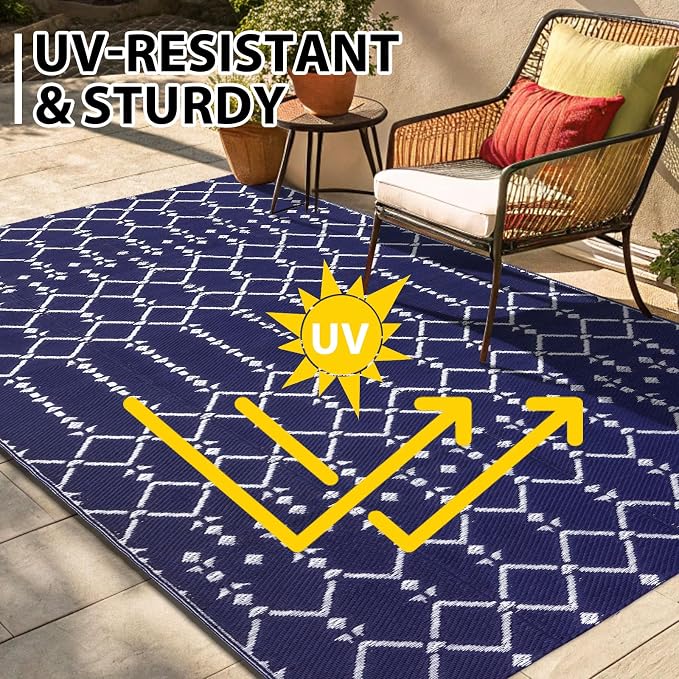 Smiry Outdoor Rug 6x9 ft, Waterproof Reversible Plastic Straw Rugs, Boho Outdoor Area Rug, Outside Floor Mat for Patio, Backyard, Deck, Picnic, Beach, Camping, Navy - Image 5