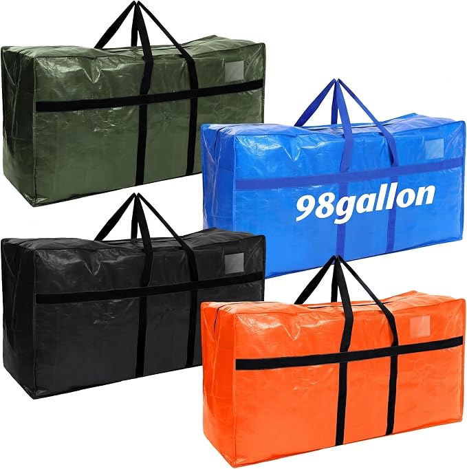Windyun 4 Pack 98 Gallon Extra Large Moving Bags XXL Heavy Duty Storage Bag with Strong Zipper Handle Jumbo Big Tote Box Foldable for College Dorm Travel Clothes Duffle Blanket Pillow(Mixed Color) by Windyun