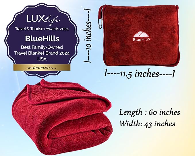 BlueHills Premium Soft Travel Blanket Pillow Airplane 2 in 1 Combo Warm Red | 2 in 1 Airplane Blanket Pillow in Soft Bag Pillowcase, Hand Luggage Belt & Backpack Clip, Travel Essentials for Long Flights - Image 5