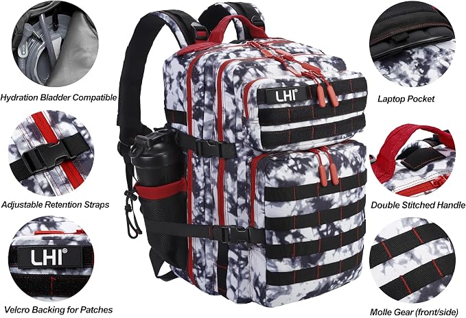 LHI Military Tactical Backpack for Men and Women 45L Army 3 Days Assault Pack Bag Large Rucksack with Molle System Black and white - Image 5