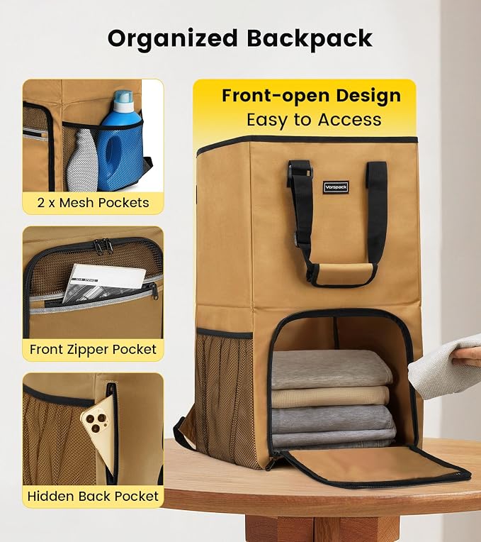 Vorspack Laundry Bag Backpack - Extra Large Laundry Bags with Shoulder Straps Heavy-duty 2 in 1 Laundry Hamper Basket for College Dorm Camp Laundromat Room Essentials - Khaki - Image 3