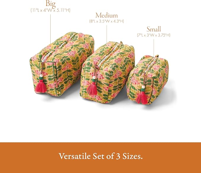 Saffron Marigold Quilted Makeup Bag Set of 3, Hand Block Printed Cotton Cosmetic Bags for Women, Waterproof Lined Travel Toiletry Bag, Coquette Aesthetic, Handmade Gift, Madagascar Prewinkle Butter - Image 5