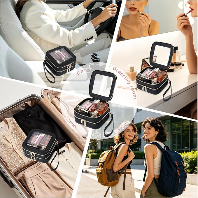 Pinkmik Double Layer Makeup Bag Small Clear Makeup Pouch Mini Travel Cosmetic & Toiletry Bag Purse Organizer and Car Essentials for Women (Black, 2-Layer MINI) - Image 6