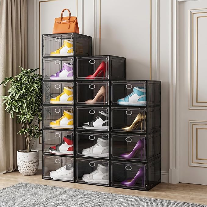 Large Shoe Boxes Clear Plastic Stackable, 8 Pack Drop Side Shoe Storage Organizer with Magnetic Door, Shoe Container Sneaker Storage Display Case Fit up to US Size 13 Black - Image 6