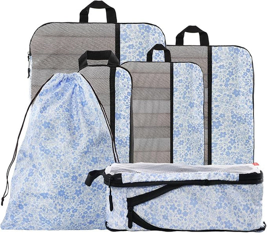 U+U 6 Set Compression Packing Cubes - Ultralight Travel Organizers with Laundry Bag, Space-Saving Suitcase Organizer for Travel, Business Trip and Family Vacation (Blue Flower) by UU