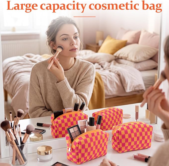 Gilprop 8 Pcs Checkered Makeup Bag for Purse Small Cosmetic Pouch Bulk Portable Zipper Makeup Pouch Travel Toiletry Organizer Gifts for Women Bridesmaid Wedding Party Favors (Red Orange) - Image 6