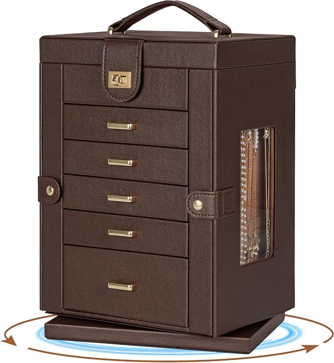 AKOZLIN 6-Tier Jewelry Box Organizer Functional 5 Drawers Leather Jewelry Storage Case for Women Girls Ring Necklace Earring Bracelet Holder Organizer with Mirror Brown 360° Rotating - Image 5