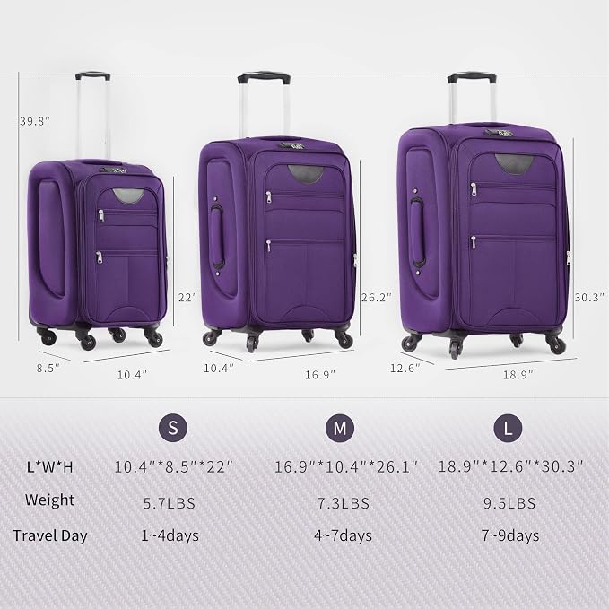 Merax Softside Luggage Set, Travel Suitcase Expandable Lightweight 3 Piece | Luggage Sets with Spinner Wheels 22" 26" 30" Suitcase with TSA Lock (Purple) - Image 7