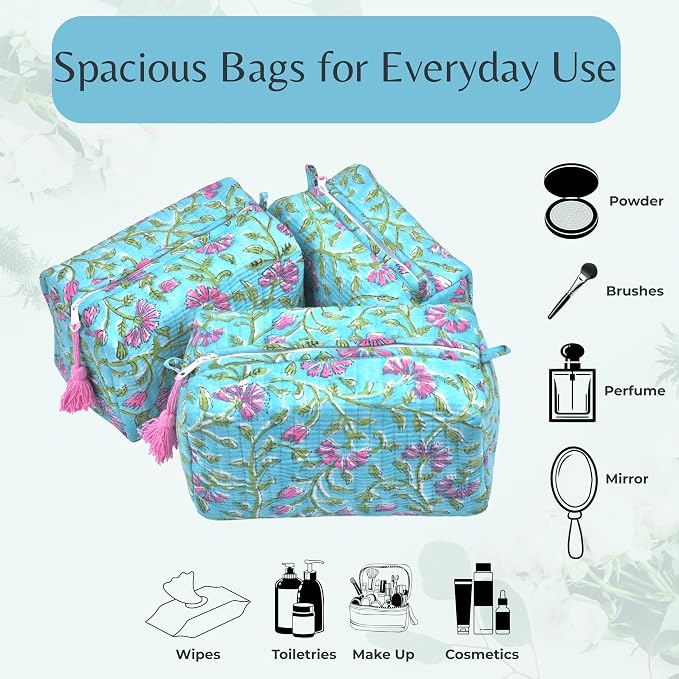 Quilted Floral Block Print Makeup Bag Set of 3 – Cotton Travel Toiletry and Makeup Organizer, Cosmetic Pouch, Toiletry Bag for Women, Cute Boho Coquette Make Up Bags for Women (Small, Medium, Large) - Image 3