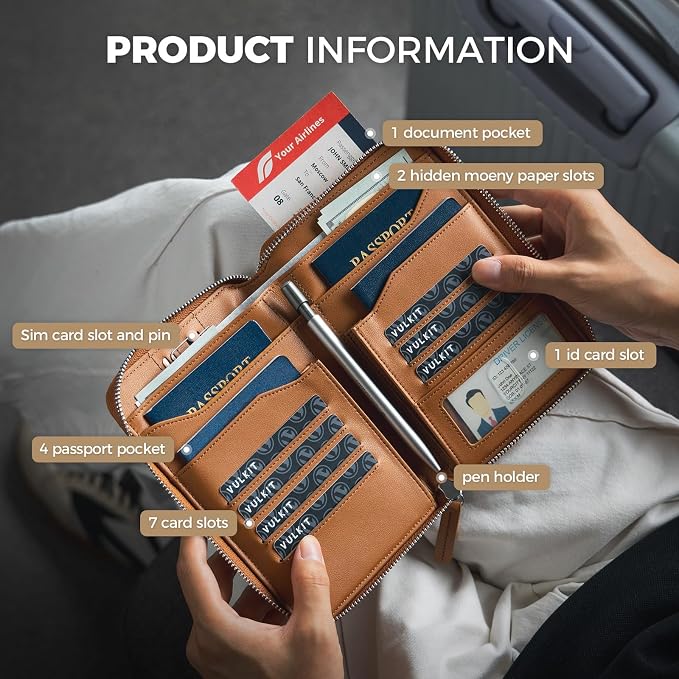 VULKIT Leather Passport Holder for 4-8 Passports Family RFID Blocking Passport Wallet with Zipper Travel Documents Organizer for Men or Women (Brown) - Image 6