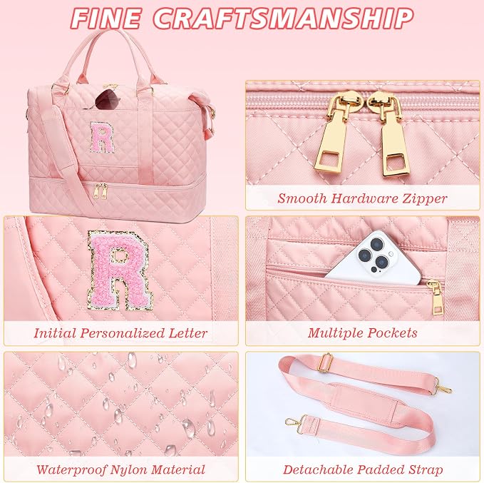 Gifts for Women Teen Girls Birthday Initial Travel Duffle Bag Quilted Weekender Bags Carry-On Overnight with Cosmetic Bag, Gym Bag with Shoe Compartment, Pink-R - Image 6
