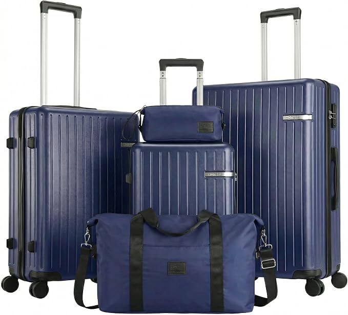 Hoteel Luggage Sets 5 Piece (4-YEARS WARRANTY), ABS+PC Suitcases with Wheels and Side Hook, Hardshell 20/24/28 inch Luggage with Duffel Bag Travel Bag, Dark Blue by HOTEEL