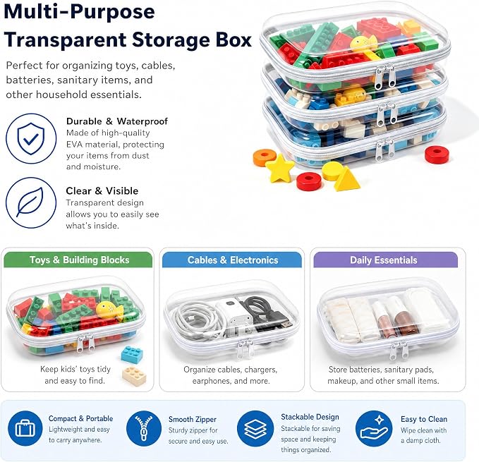 Clear Hard Plastic Zipper Case,Transparent Double Zippers Hard Pouch with 3pcs,Portable Travel Organizer Bin for Toy Storage - Image 5
