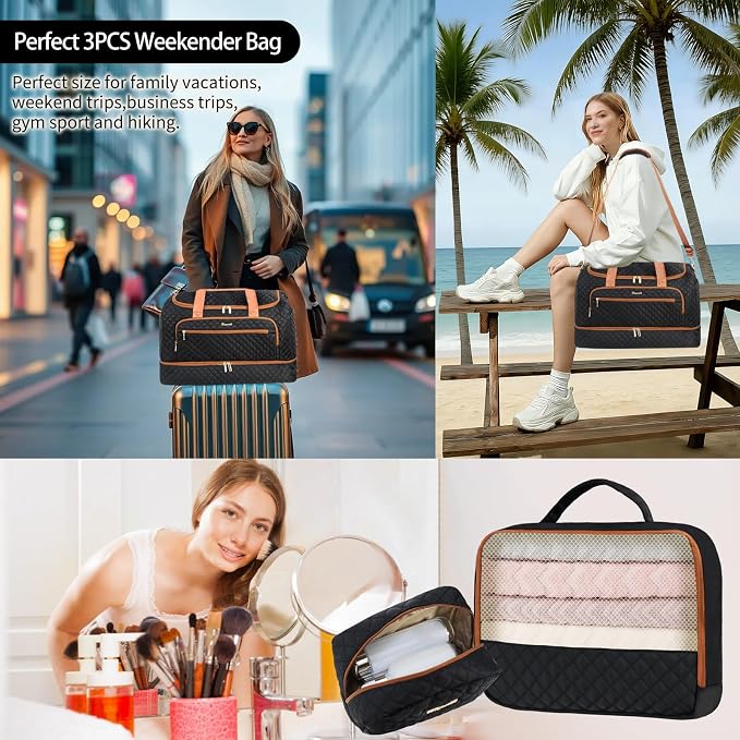 Wogarl 3PCS Weekender Bags for Women Large Overnight Bag Weekend Travel Duffel Bag Carry on Shoulder with Shoe Compartment Canvas Toiletry Bag for Travel Business Gym,Black - Image 5