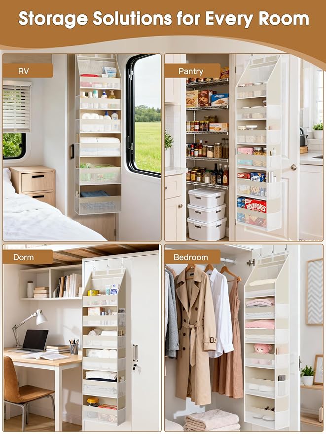 Criusia Over the Door Organizer, 6-Shelf Closet Hanging Storage with 13 Mesh Pockets, 55lbs Capacity Behind the Door Storage for Baby Nursery, Bathroom, Bedroom, and Dorm, Beige - Image 7