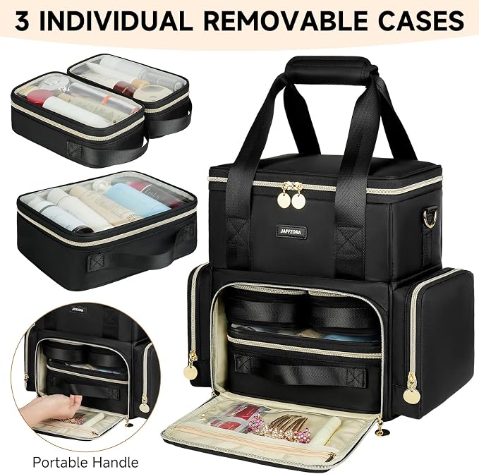 Extra Large Makeup Bag with 3 Removable Cases, Double Layers Travel Cosmetic Storage Organizer Bag with Detachable Dividers, Black - Image 2