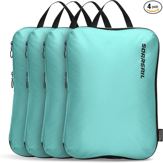 4 Pack Ultralight Compression Packing Cubes for Travel, Cyan | 100D Composite Nylon, Translucent Design, Water Repellent and Tear-resistant, Odor and Dust Protection, Compression Reliable by SOARSAIL