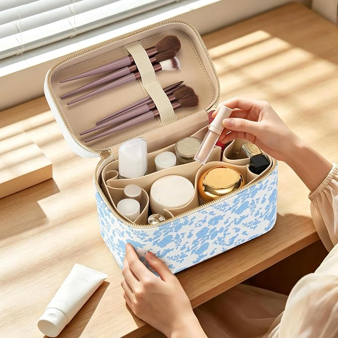 Makeup Bag Travel Toiletry Leather Cosmetic Case, Waterproof Makeup Organizer with Brush Holder, Wipe Clean Removable Divider Vanity Train Bag for Women, Vintage Blue - Image 6