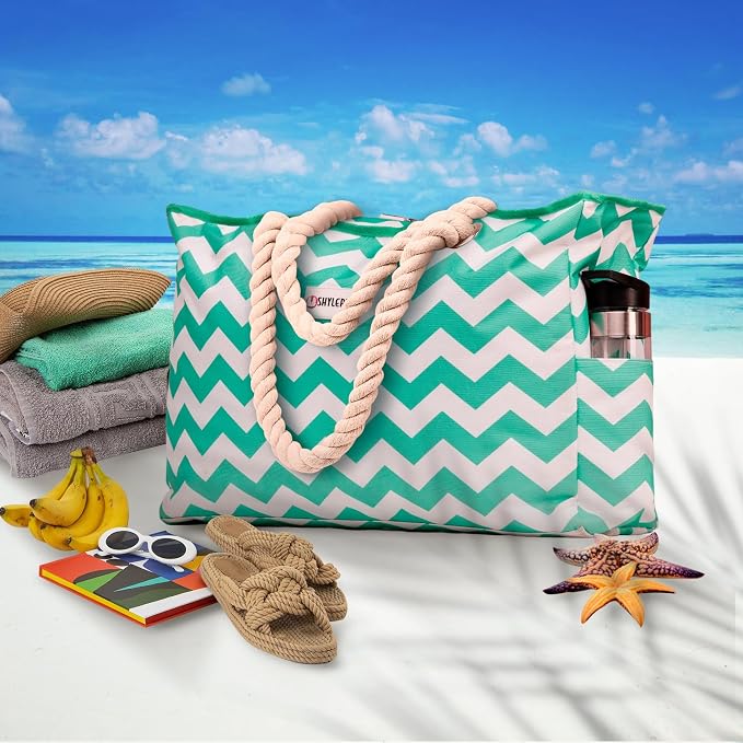 Beach Bag and Pool Bag Has Cooler Pocket, 7 Pockets Total, Zip Top. Family Size Waterproof Beach Tote - Image 2