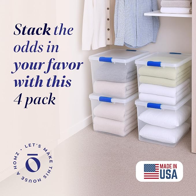 HOMZ 4-Pack 31 Quart Latching Lid, Clear Plastic Storage Organizer Bins, Blue – Stackable Containers for Home & Office Shelves, Kitchen, Garage, and Bathroom Organization - Image 2