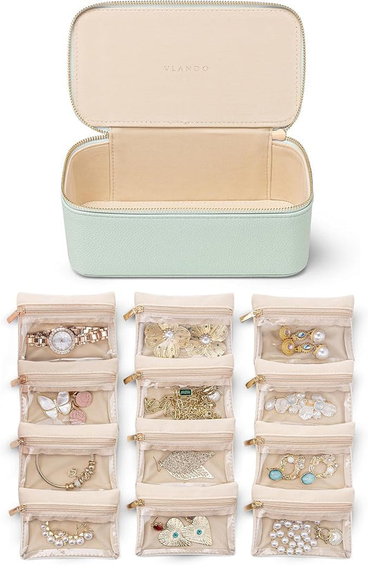 VLANDO Jewelry Travel Case,Travel Jewelry Organizer with Clear Velvet Jewelry Bags 12Pcs Zipper Pouch for Women-Mint Green by VLANDO