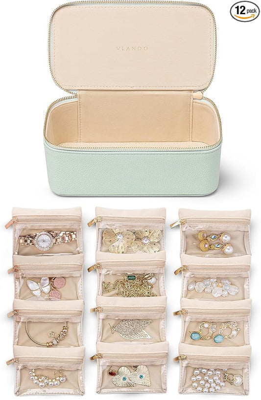 VLANDO Jewelry Organizer with 12 Velvet Jewelry Bags Travel Jewelry Case for Girls Premium Petal Hardware Jewelry Box Necklace Rings Earrings Bags Birthday Holidays Gifts for Self-Mint Green by VLANDO