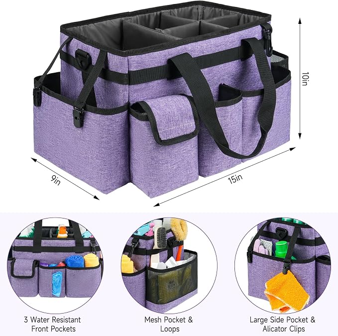Cleaning Caddy Bag,Large Cleaning Supplies Organizer with Handle for Housekeepers,Purple - Image 3