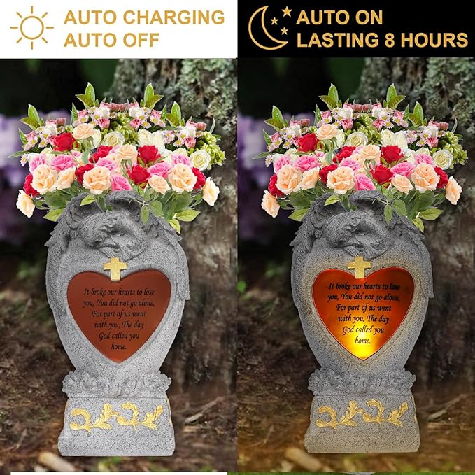 Cemetery Decorations for Grave,Cemetery vases for Grave,Decoration for Graves, Garden Angel,Cemetery vase with led,Family Garden Memorial Statue Funeral Gift, Angels Solar Lights,Crying Angel (Gray)