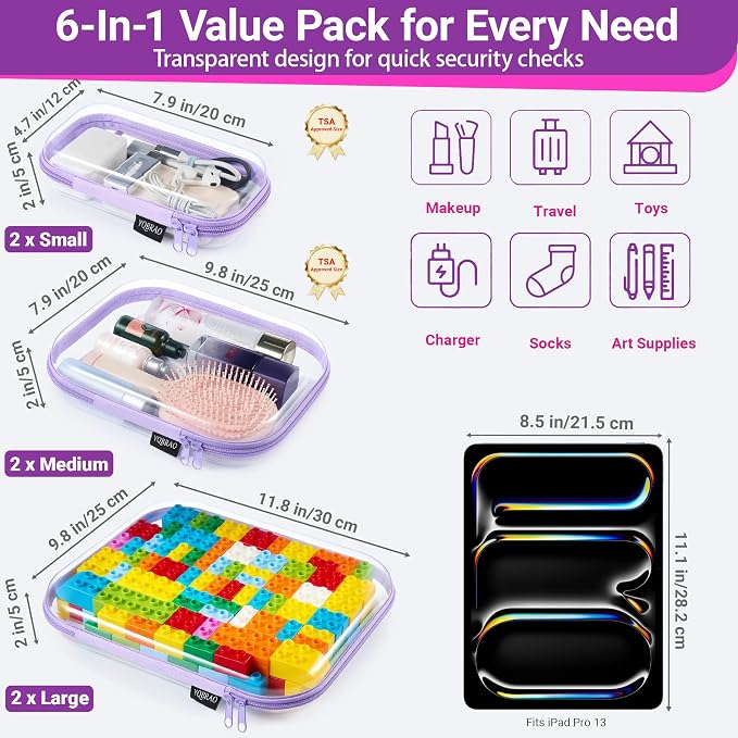 YQBRAO 6 Pack Royal Purple Clear Hard Shell Zipper Case, 1.2mm Heavy Duty Art Supply & Cosmetic Bags, Crush-Proof Storage Pouches for Hobbies, Tech & Makeup (2L, 2M, 2S) - Image 4