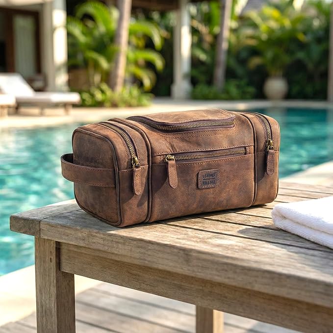 LEATHER VILLAGE Genuine Leather Travel Dopp Kit for Men & Women – Water-Resistant Large-Capacity Hanging Toiletry Bag for Travel, Grooming, Bathroom Organization, Shaving Essentials & Gym Use - Brown - Image 7