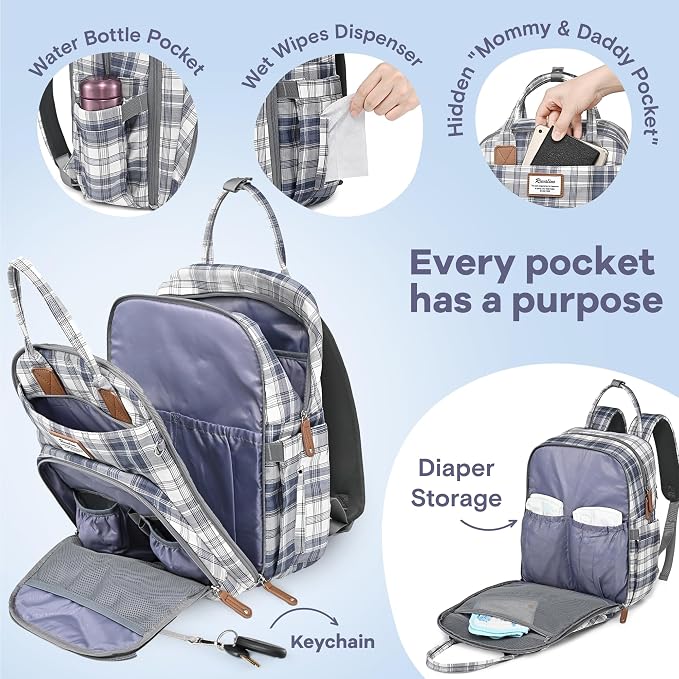RUVALINO Diaper Bag Backpack, Multifunction Travel Pack Maternity Baby Changing Bags, Large Capacity, Waterproof, Blue Plaid - Image 4