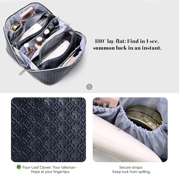 BOYATU Travel Makeup Bag for Women: Four Leaf Clover Large Capacity 3 Pcs Set Cosmetic Bags - Waterproof 50% Extra Space for Toiletry Organizer - Travel Essentials for Fortunate (08 Blue) - Image 6