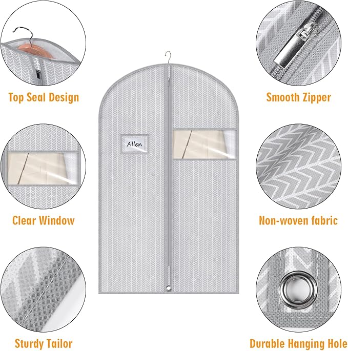 Syeeiex 40" Suit Bag, Set of 5 Garment Bags for Hanging Clothes, Suit Bags for Closet Storage, Garment Bags for Storage Suits,T-shirts, Jackets and Coats(Grey Arrow) - Image 3