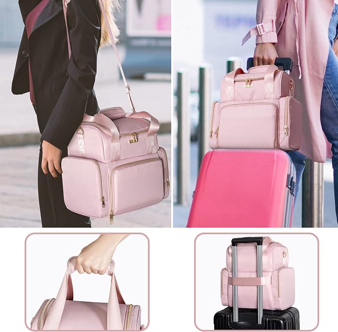 Large Cosmetic Bag, Double Layer Travel Makeup Organizer, Pink | Makeup Bag with 3 Removable Cases, Inner Dividers & Brushes Storage Pockets, Cosmetic Storage Case Fits Beauty Essentials - Image 6