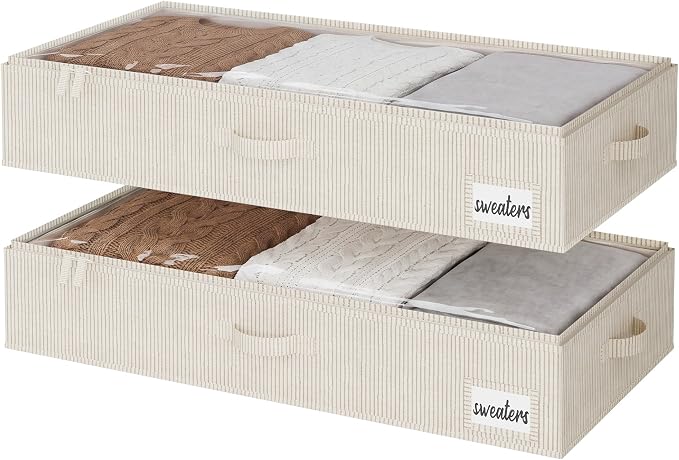 StorageWorks Large Under Bed Storage Containers with Handles and Label Holder, 2 Pack Ultra-thick Fabric Underbed Bins, White and Black Stripes by StorageWorks