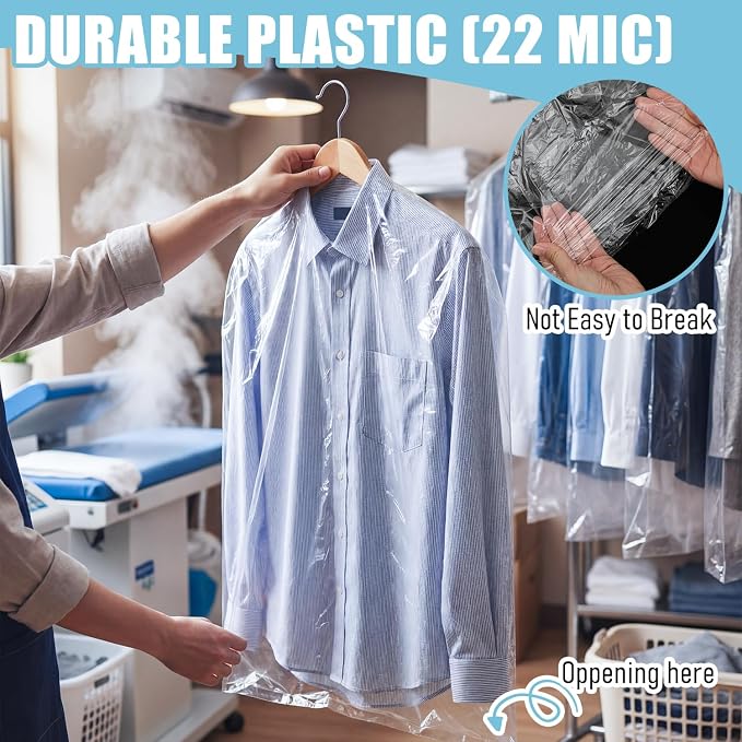 200 Pack Dry Cleaning Garment Bags, 23.6 x 35.4 Inch Clear Plastic Dry Cleaners Bags for Hanging Clothes Dust Protection Clothes Covers for Travel Moving, Home Storage (Hanger Not Included) - Image 5