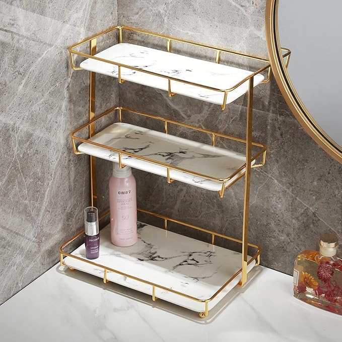Bathroom Organizer Countertop Perfume Organizer Makeup Organizer Cosmetics Storage Display Rack Vanity Tray Dresser Stainless Steel Gold Shelf White Marble Ceramic Tray by Dobbyby