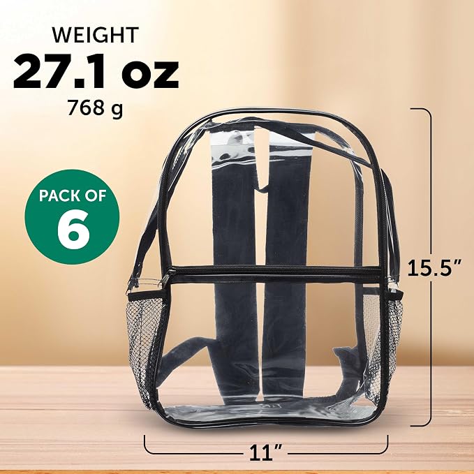 DISCOUNT PROMOS Clear PVC Plastic Backpacks Set of 6, Bulk Pack - Water Resistant, Perfect for Travel, Outdoor - Clear Black - Image 5
