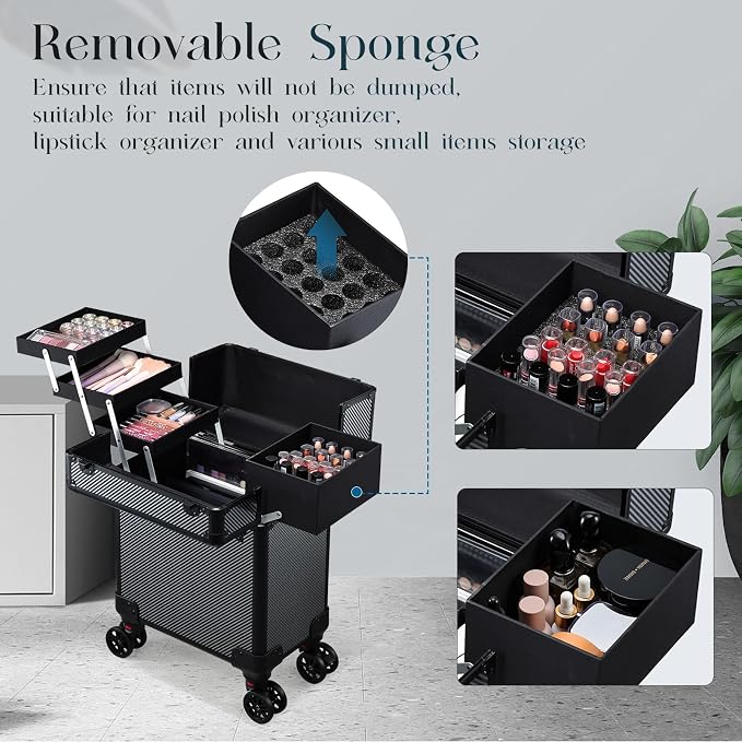 Rolling Makeup Case, Cosmetology Case on Wheels Professional Vanity Case with Trays for Women Large Travel Makeup Box Organizer Trolley with Key, Ashy Grey - Image 3