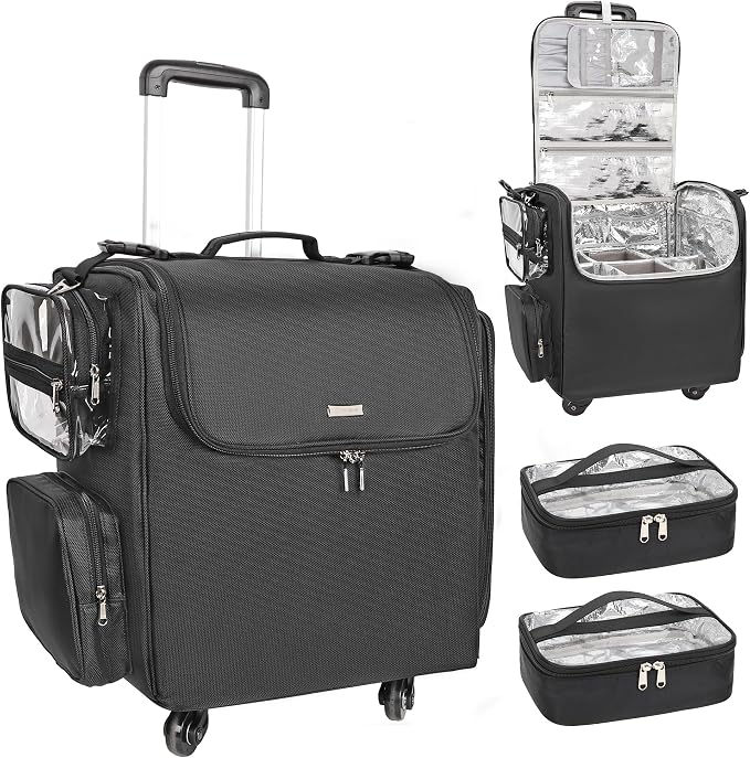 Relavel Rolling Makeup Train Case, Professional Hairstylist Traveling Bag with 4 Wheels & 2 Pouches, Adjustable Dividers, Heat Insulation Full Layer, Portable Cosmetics Storage Organizer Suitcase by Relavel