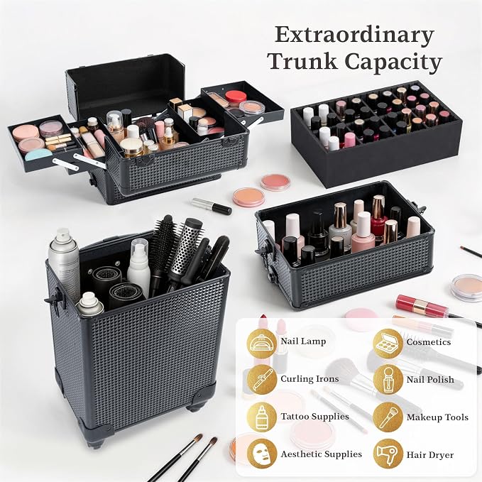 SHOWERSAFE 4 in 1 makeup train case - Professional cosmetology case on wheels, Large Transformable Makeup Train Case & Barber Case, Portable rolling makeup case & Makeup Cart, Jet Black - Image 5