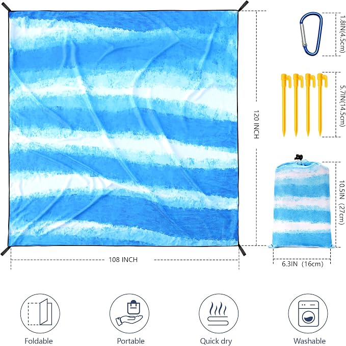 WIWIGO Beach Blanket Waterproof Sandproof Beach Mat 79" X 83"/10'x9'for 2-8 Adults Quick Drying Outdoor Picnic Mat Beach Accessories for Travel, Camping, Hiking - Image 2