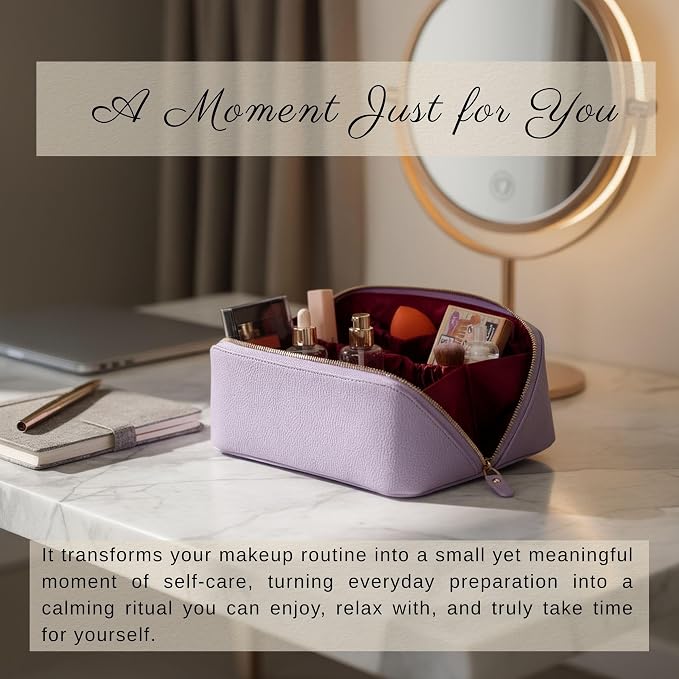 VENOULT Makeup Bag, Spacious Cosmetic Case for Women, Portable 180° Wide-Open Flat Cosmetic Bag, Travel Toiletry Organizer with Handle, Hanmdade, Full Grain Genuine Turkish Leather (Mauve) - Image 5