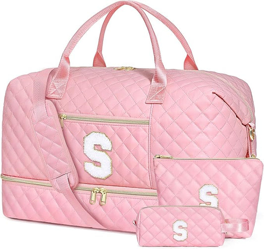 Graduation Birthday Gift for Her, Personalized Initial Weekender Bag for Women 45L Travel Duffle Carry On Quilted, 3PCS Overnight with Cosmetic & Toiletry Bag, Shoe Compartment, Gym Dance Bag for Girl by ITIEZY