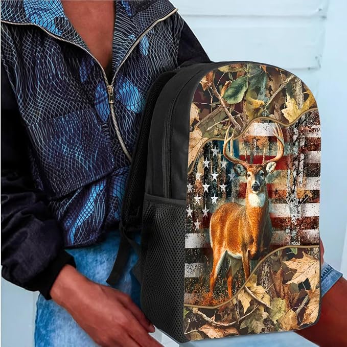 GIFTPUZZ Deer American Flag Backpack 17 Inch Set Boys | Camo 4-Piece Lunchbox Combo, Water Bottle Sleeve, 3rd Grade Back to School Book Bags, 8-10 - Image 4