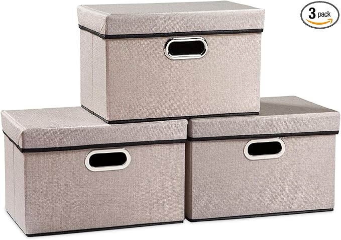 PRANDOM Foldable Storage Bin with Lid [3-Pack] Linen Fabric Decorative Storage Box Organizer Container Basket Cube with Handles Divider for Closet Office Living Room Light Grey(14.9x9.8x9.8) by Prandom