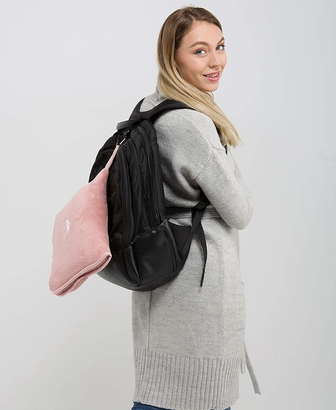 BlueHills Long Travel Blanket Pillows for Two Airplane Traveling Essentials Flight Throws in Bag case with Backpack Clip Compact Large Plane Accessories – Black and Pink - Image 7